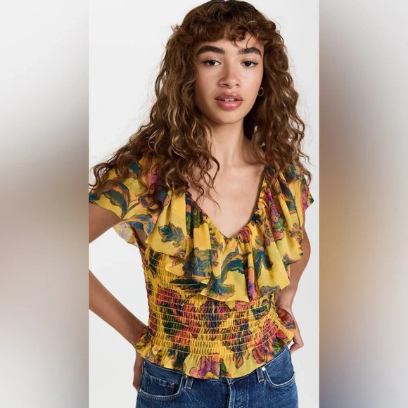 NWT MISA Los Angeles Cara Floral-Print Ruffle Smocked Top in Grand Canary Yellow - Picture 12 of 14